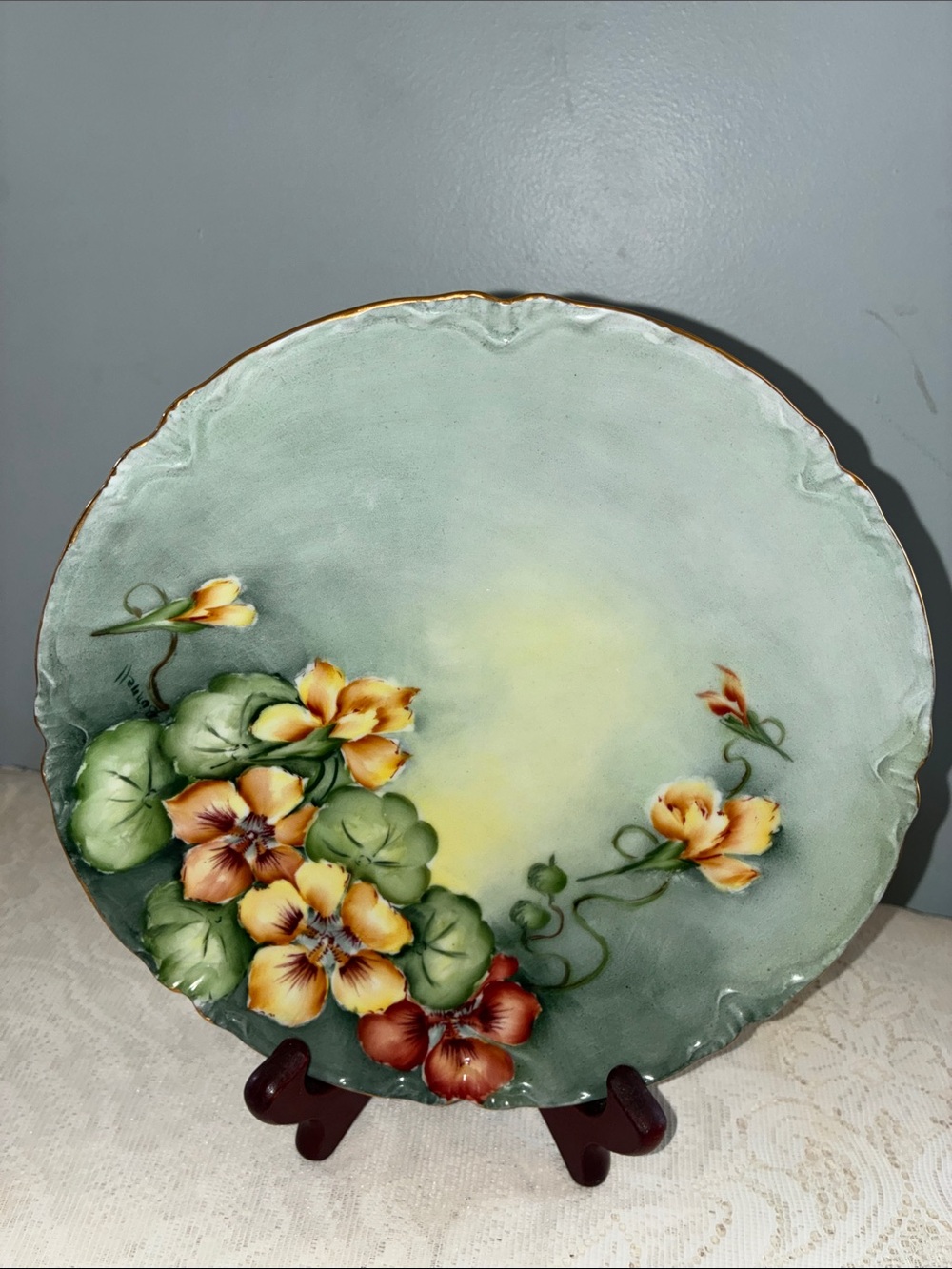 Antique O &EG R/Austria Hand-Painted Nasturtium Flowers Decor Plate Green/Yellow